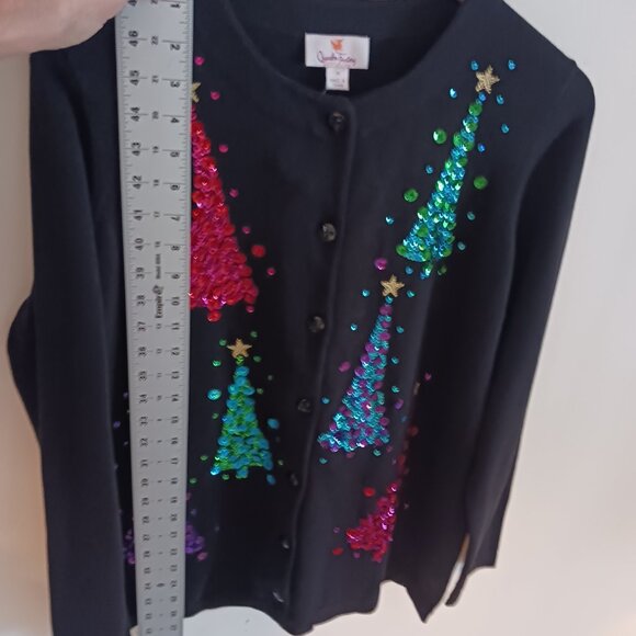 Quaker Factory NWOT Black Christmas Cardigan W/ Multi Color Sequins, Size Med. - Picture 15 of 16